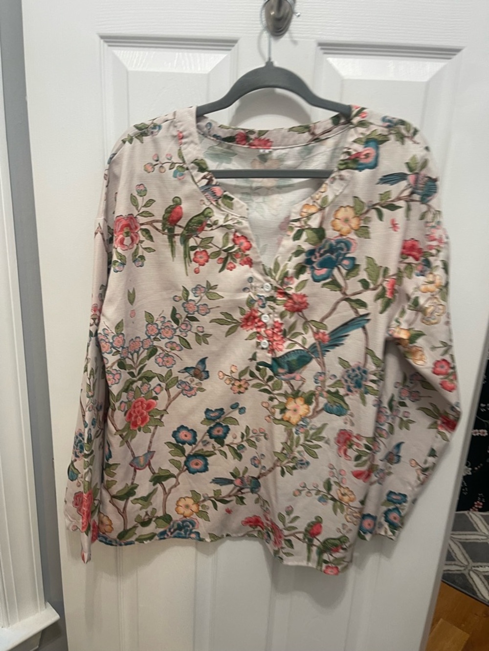 Cream Floral & Bird Button-Front Blouse